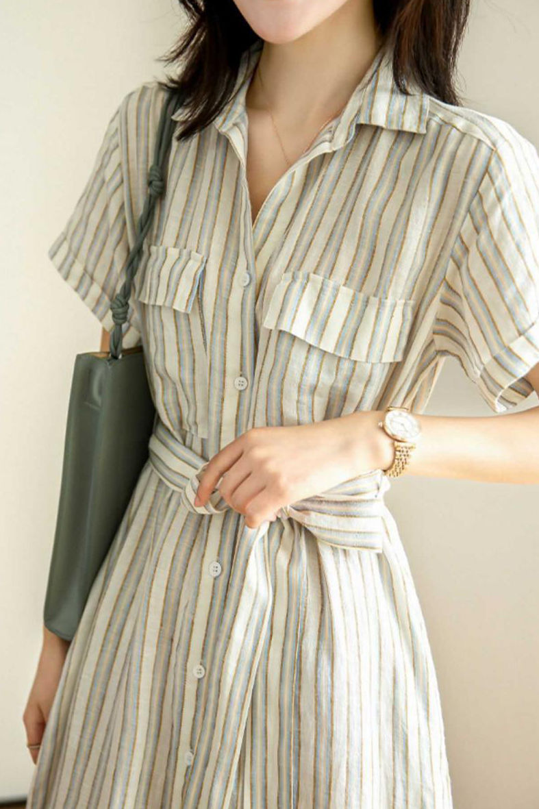 Tie-Front Striped Short Sleeve Shirt Dress - liwisi