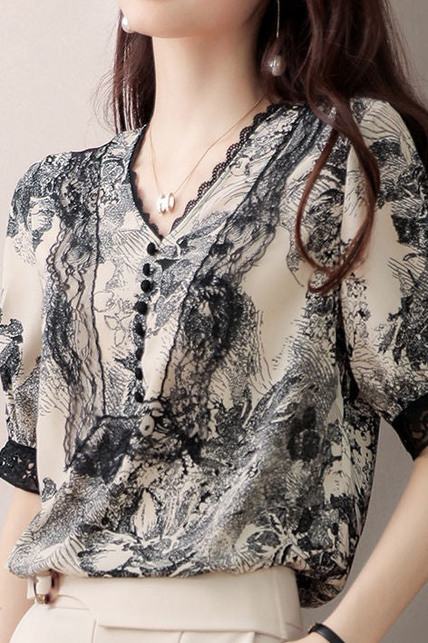 Lace Patchwork V-Neck Short Sleeve Shirt - liwisi