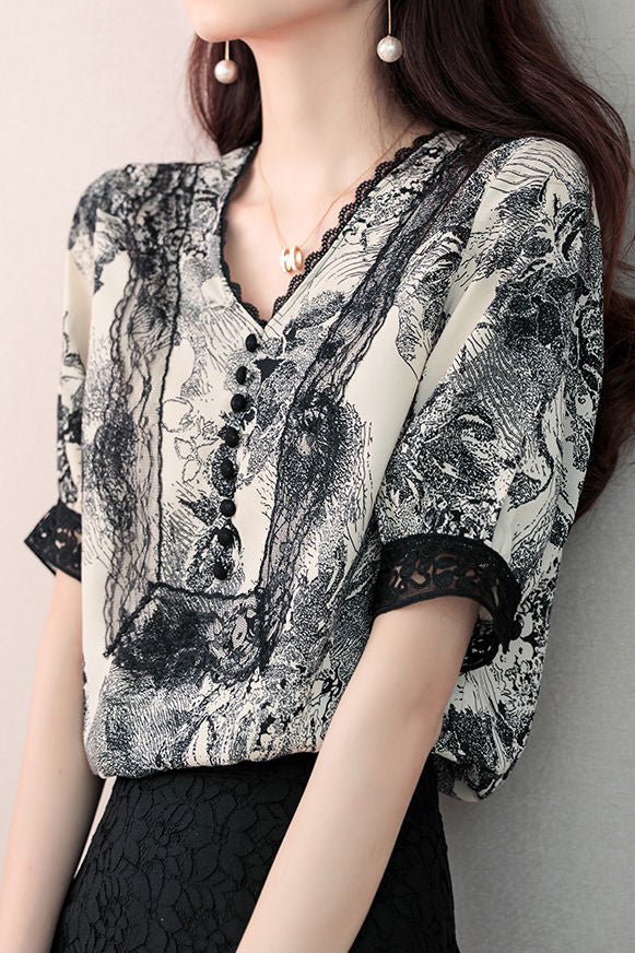 Lace Patchwork V-Neck Short Sleeve Shirt - liwisi
