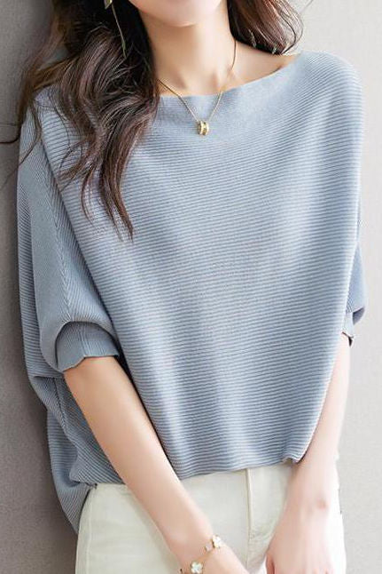 Off-Shoulder Short Sleeve Knit T-Shirt - liwisi
