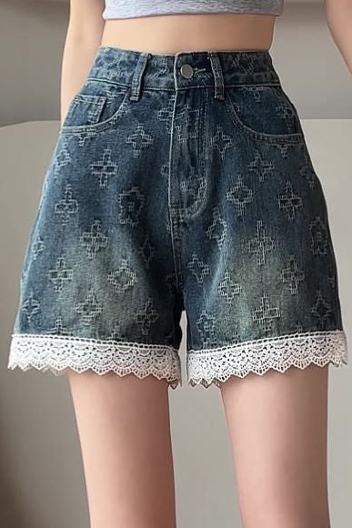 Lace Splicing Jacquard Shorts - liwisi