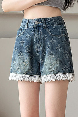 Lace Splicing Jacquard Shorts - liwisi