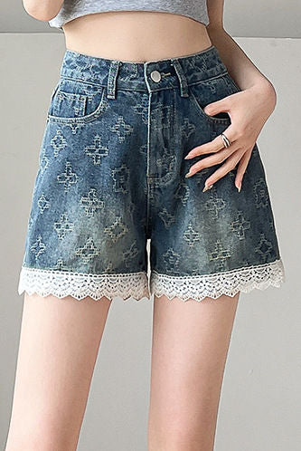 Lace Splicing Jacquard Shorts - liwisi