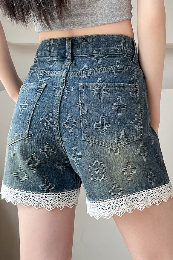 Lace Splicing Jacquard Shorts - liwisi