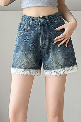 Lace Splicing Jacquard Shorts - liwisi