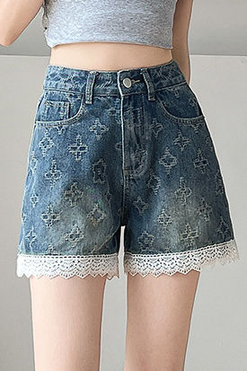 Lace Splicing Jacquard Shorts - liwisi