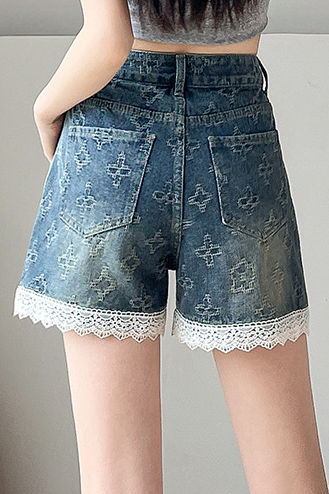 Lace Splicing Jacquard Shorts - liwisi
