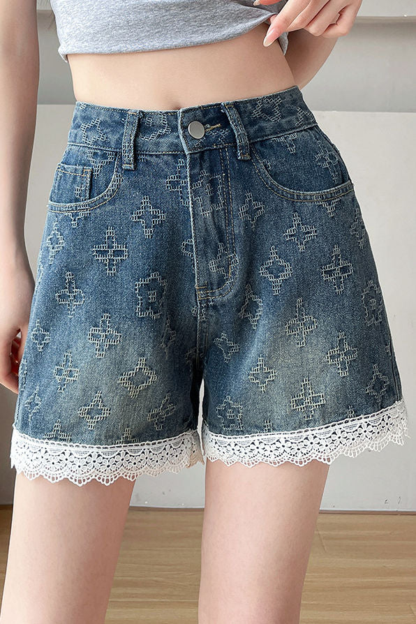 Lace Splicing Jacquard Shorts - liwisi