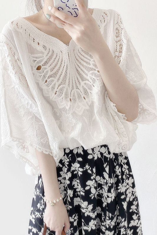 Hollow Embroidered Batwing Sleeve Top - liwisi