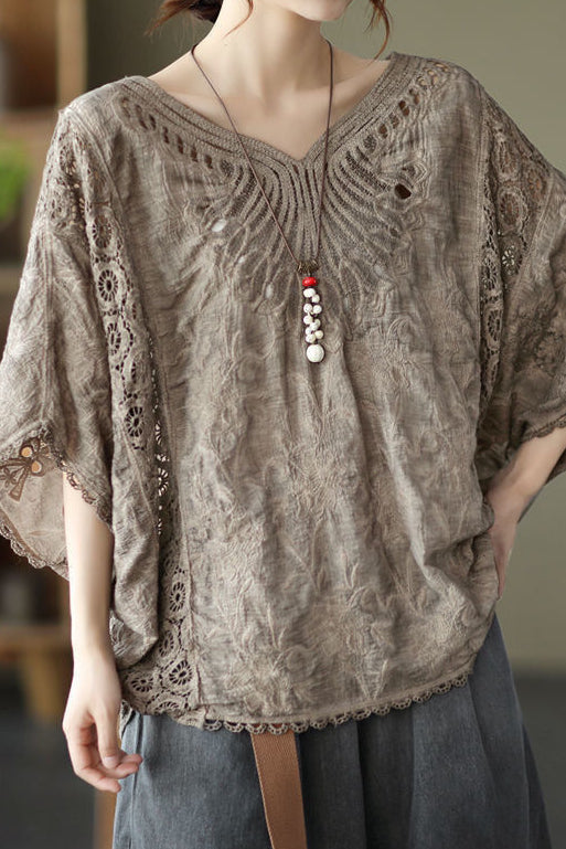 Hollow Embroidered Batwing Sleeve Top - liwisi