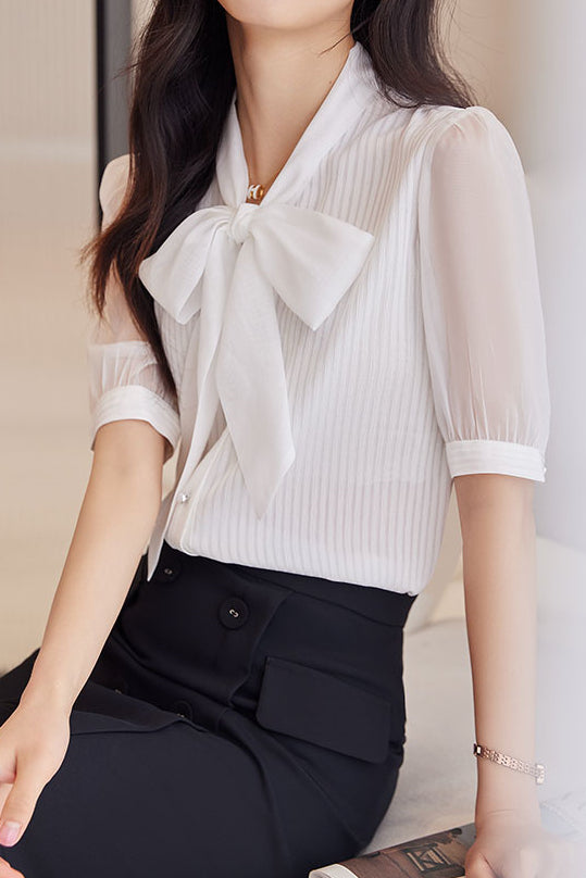 Ribbon Bow Tie Neck Shirt - liwisi