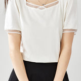 Square Neck Patchwork Puff Sleeve T-Shirt - liwisi
