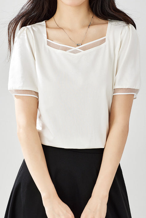Square Neck Patchwork Puff Sleeve T-Shirt - liwisi