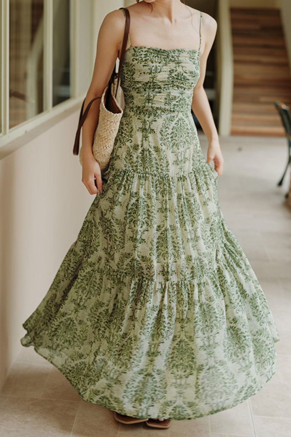 Bohemian floral camisole dress with hollow knit cardigan set - liwisi