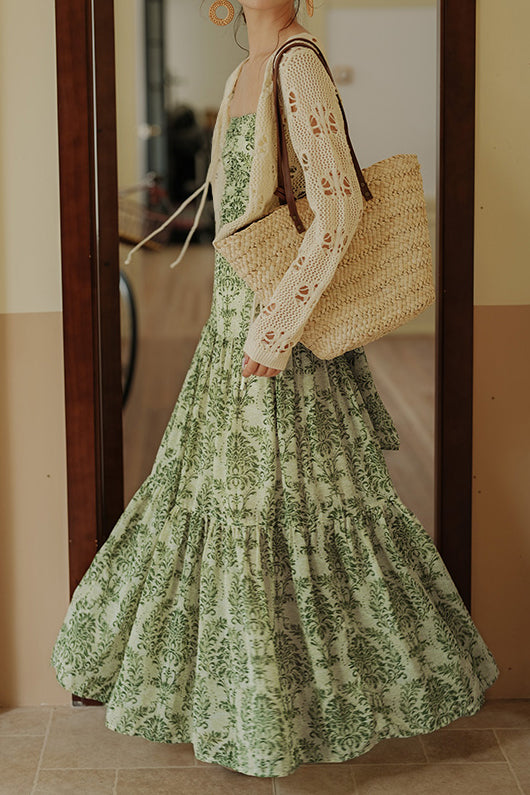 Bohemian floral camisole dress with hollow knit cardigan set - liwisi