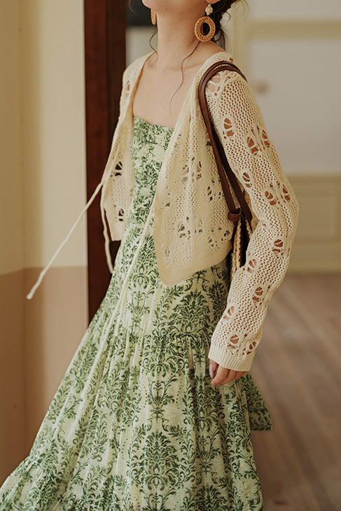 Bohemian floral camisole dress with hollow knit cardigan set - liwisi