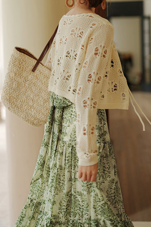 Bohemian floral camisole dress with hollow knit cardigan set - liwisi