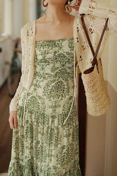 Bohemian floral camisole dress with hollow knit cardigan set - liwisi