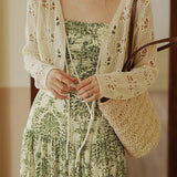 Bohemian floral camisole dress with hollow knit cardigan set - liwisi