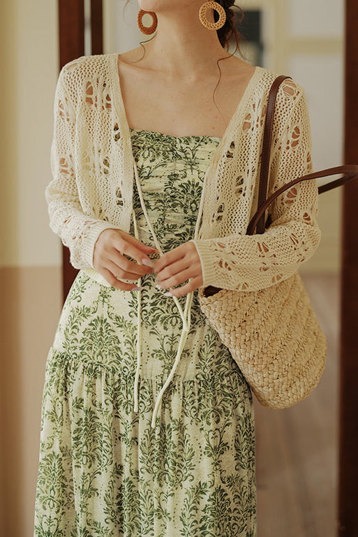 Bohemian floral camisole dress with hollow knit cardigan set - liwisi