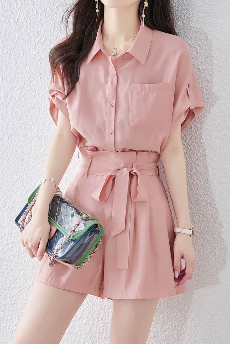 Button-up short sleeve shirt with waist tie pleated shorts set - liwisi