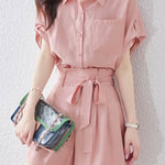 Button-up short sleeve shirt with waist tie pleated shorts set - liwisi
