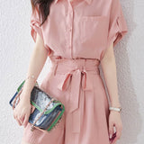 Button-up short sleeve shirt with waist tie pleated shorts set - liwisi