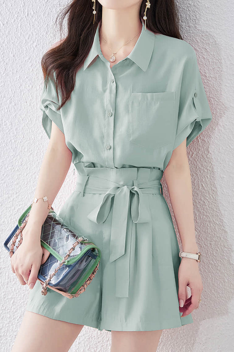 Button-up short sleeve shirt with waist tie pleated shorts set - liwisi