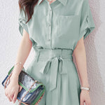 Button-up short sleeve shirt with waist tie pleated shorts set - liwisi