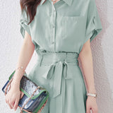 Button-up short sleeve shirt with waist tie pleated shorts set - liwisi
