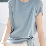 Side tie round neck drop shoulder short sleeve T-shirt - liwisi