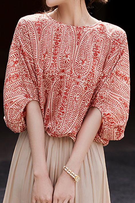 Printed batwing sleeve tie shirt - liwisi