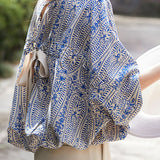 Printed batwing sleeve tie shirt - liwisi