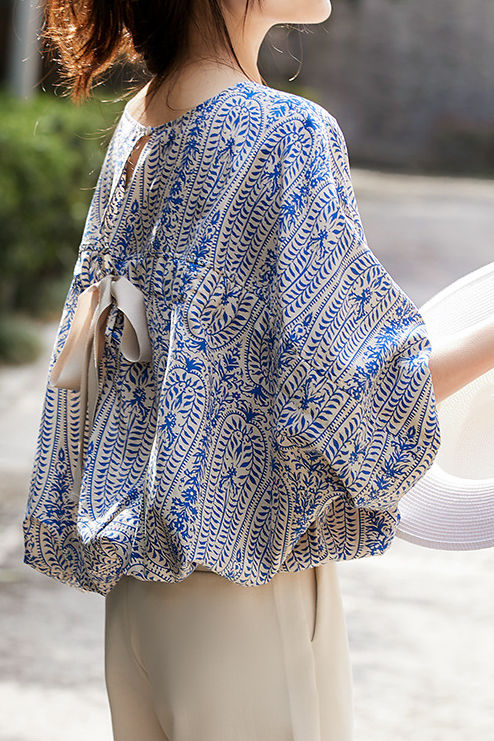 Printed batwing sleeve tie shirt - liwisi