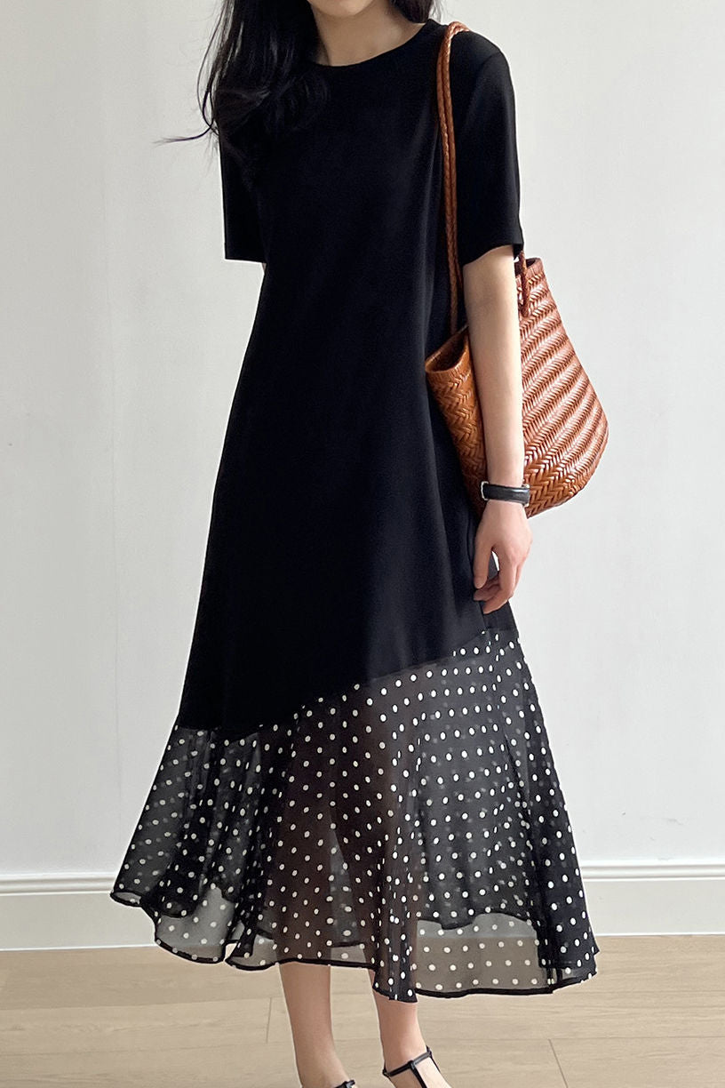 Spliced polka dot solid color dress - liwisi