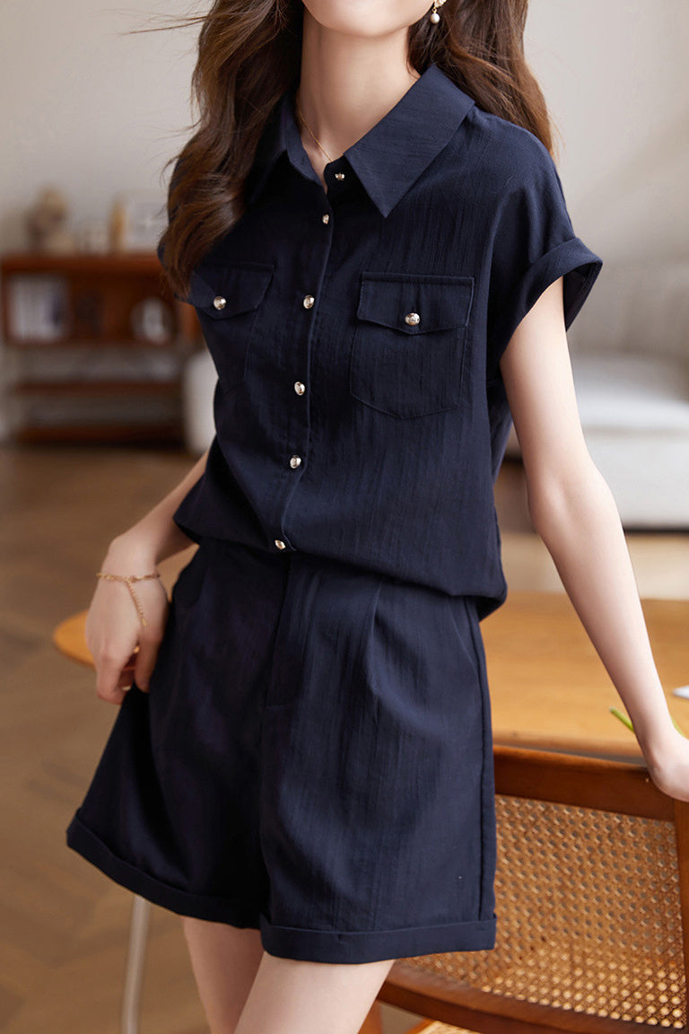 Loose cap sleeve shirt and wide-leg shorts set - liwisi
