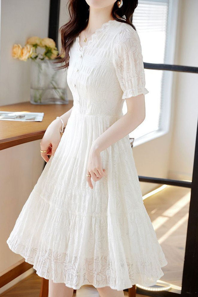 V-neck lace spliced A-line dress - liwisi