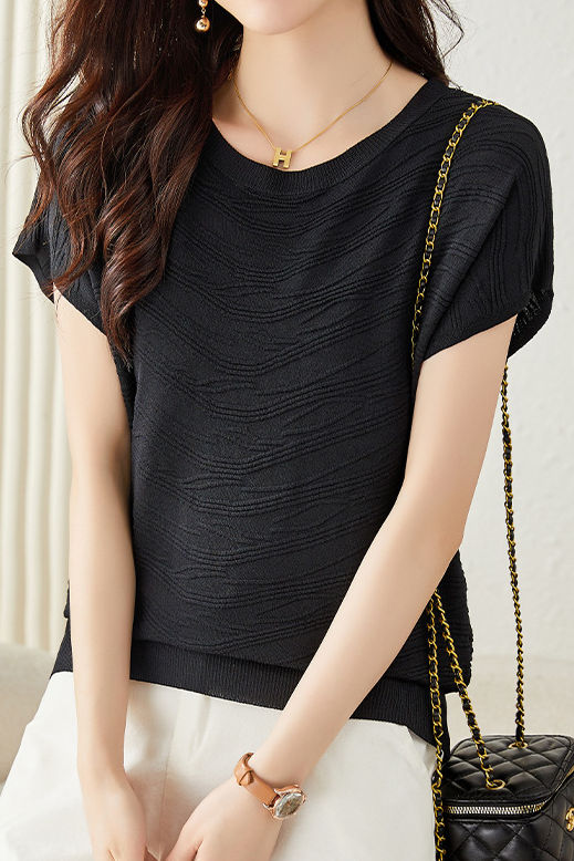 Solid color textured knit T-shirt - liwisi