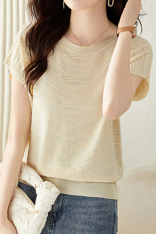 Solid color textured knit T-shirt - liwisi