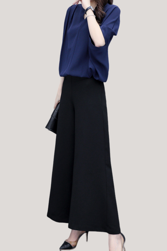 V-neck top and wide-leg pants set - liwisi
