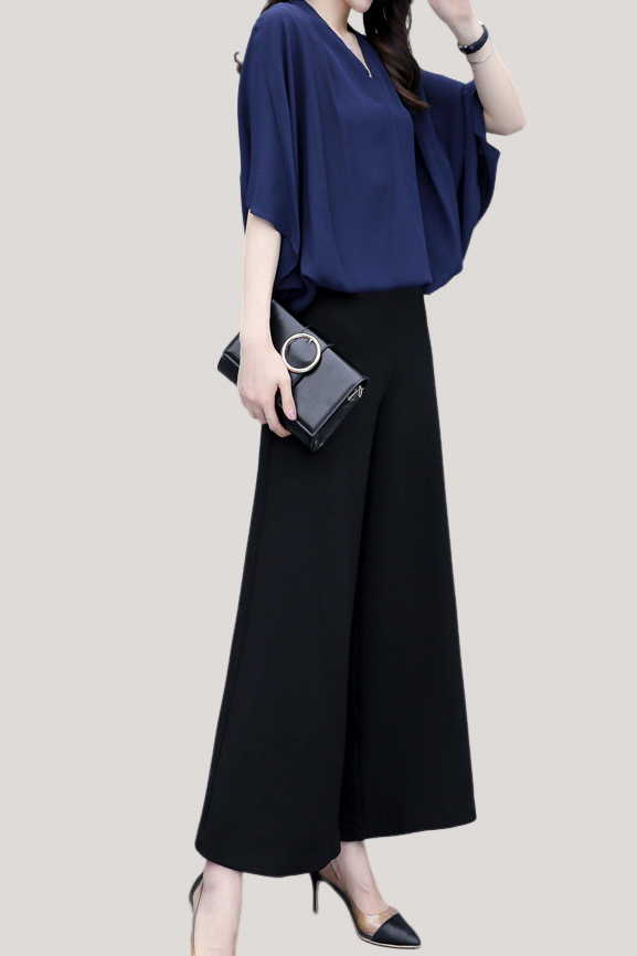 V-neck top and wide-leg pants set - liwisi