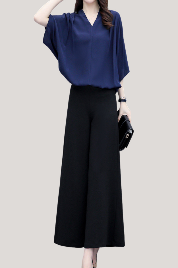 V-neck top and wide-leg pants set - liwisi