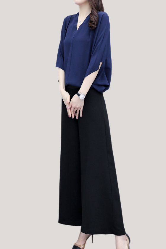 V-neck top and wide-leg pants set - liwisi