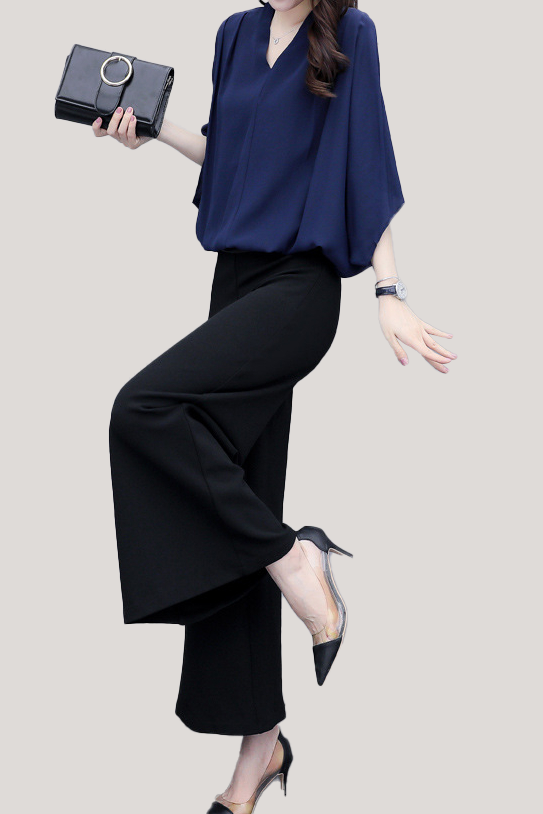 V-neck top and wide-leg pants set - liwisi