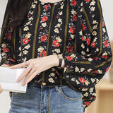 Round neck printed lantern sleeve shirt - liwisi