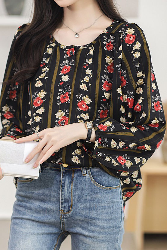 Round neck printed lantern sleeve shirt - liwisi