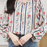Round neck printed lantern sleeve shirt - liwisi