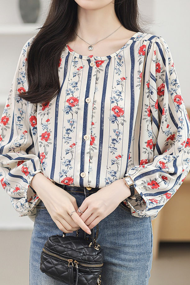 Round neck printed lantern sleeve shirt - liwisi