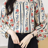 Round neck printed lantern sleeve shirt - liwisi
