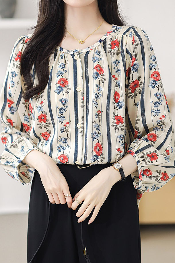 Round neck printed lantern sleeve shirt - liwisi
